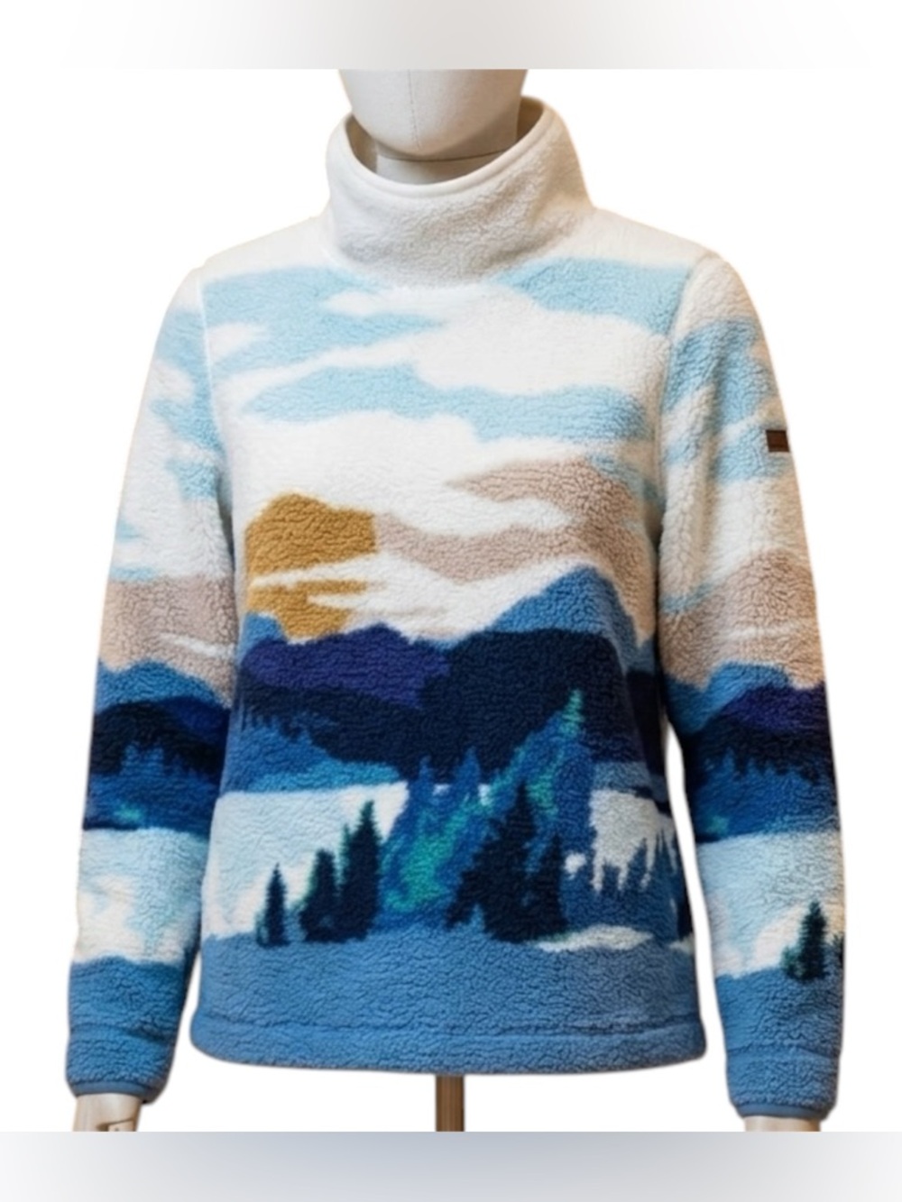 L.L. Bean Blue & Cream Scenic Fleece Turtleneck Sweatshirt Size Large Cottage